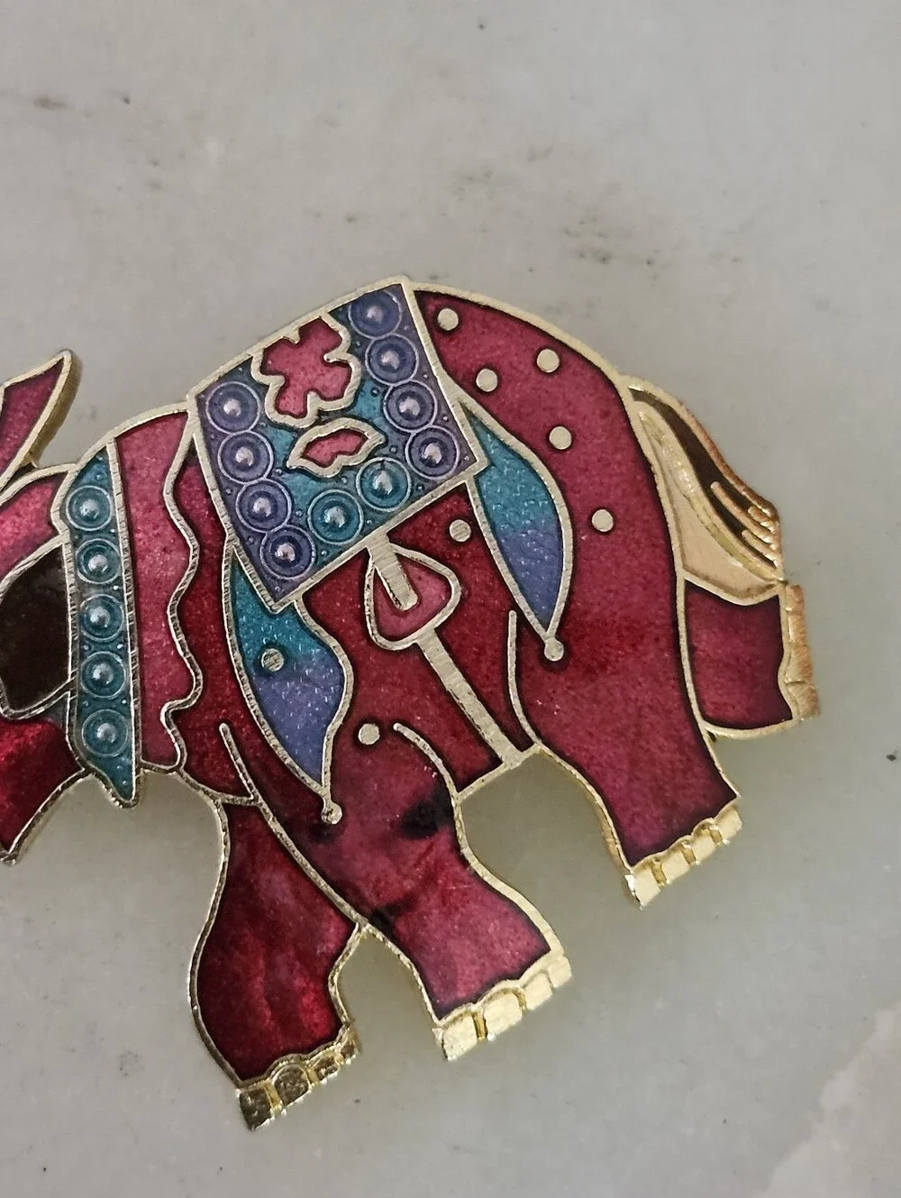 Red Enamel Elephant Brooch with Blue Accents